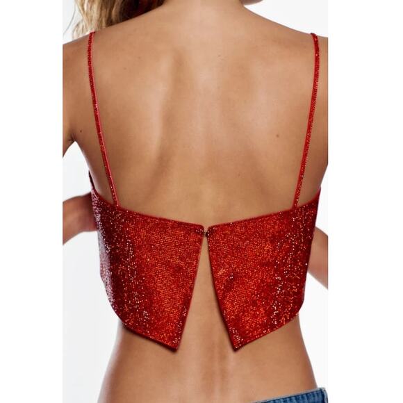 STUNNING ZARA Women's Red Rhinestone Shiny Crop Top Size M-L - Picture 4 of 9